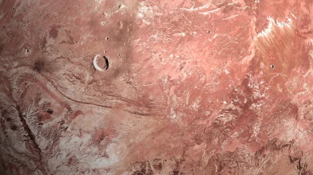 Zoom out Aerial view of a red rocky planet surface with craters and barren desert landscape terrain.
