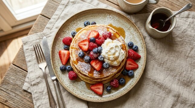 Delicious stack of pancakes topped with fresh berries and whipped cream