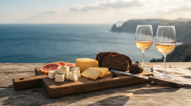 Enjoying a cheese and wine platter with a stunning ocean view at sunset