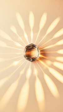 A faceted glass prism radiates warm sunlight in a dreamy, champagne-gold glow. Elegant minimalism meets glossy reflections in this premium product photography style