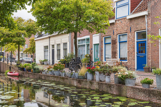 Green canal street with boats and trees in Leiden's Little Venice Netherlands