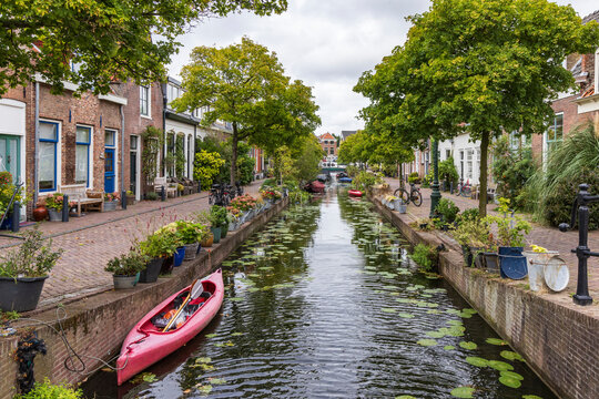 Green canal street with boats and trees in Leiden's Little Venice Netherlands