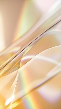 A smooth, translucent material shines with flowing prismatic reflections in a warm champagne palette. Soft blur and luxury lighting create an elegant, ethereal abstract.