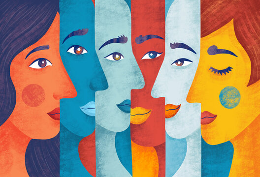People of different colors and designs in an art piece