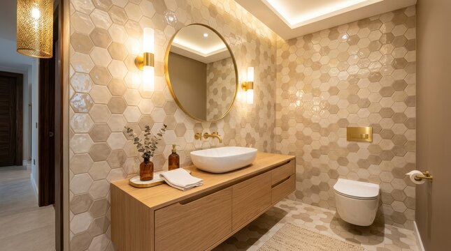 Modern bathroom with hexagonal tiles and warm wood vanity
