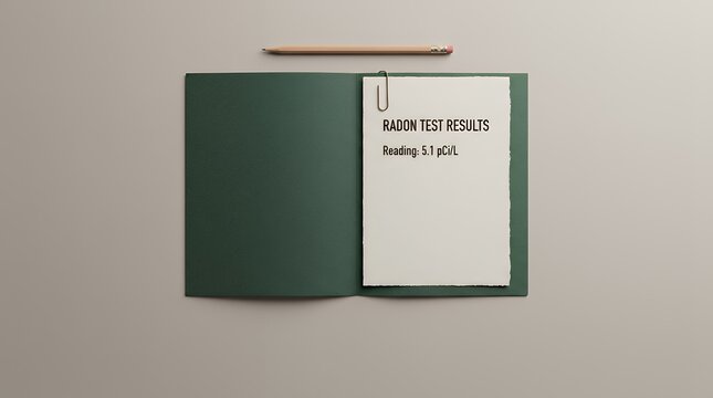 Radon Test Report with Numeric Reading Paper Clip and Pencil on Green Folder Surface for Homebuyer Real Estate Inspection and Property Safety Assessment