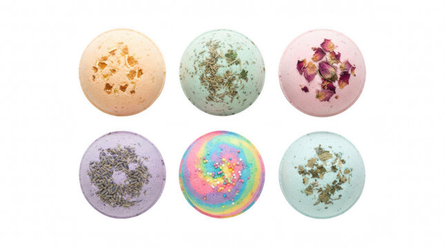 Assortment of bath bombs with botanical inclusions arranged in two rows isolated on transparent background
