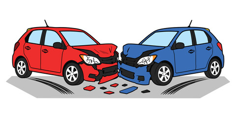 Fototapeta premium Two Damaged Cars in Head-On Collision Showing Road Traffic Accident and Vehicle Crash