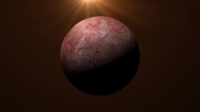 Red dwarf planet Makemake rotating in deep space with cinematic sun flare lighting.