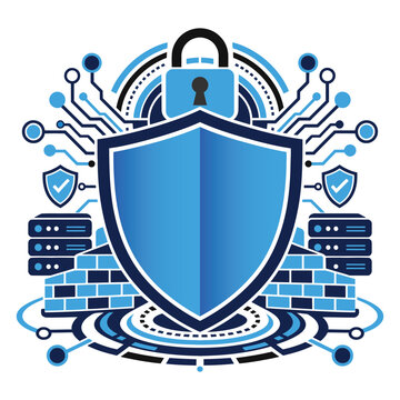 Security Shield with Padlock, Secure Servers, Firewall and Digital Network Technology