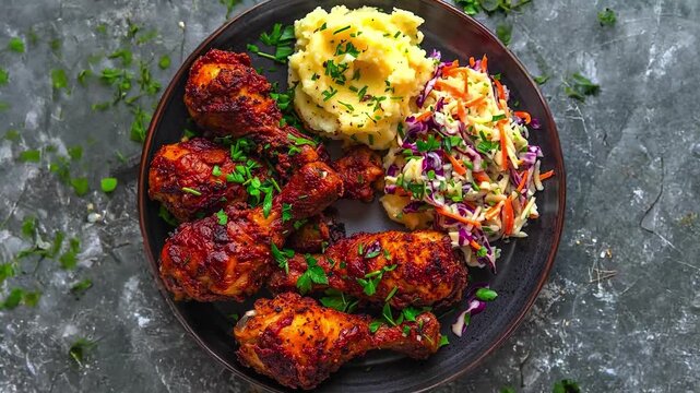 Crispy Fried Chicken with Mashed Potatoes and Coleslaw, 4K Video