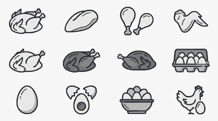 Obraz premium Professional Line Drawing Set of Poultry and Egg Illustrations in Monochrome Shades for Food Cooking or Agricultural Projects
