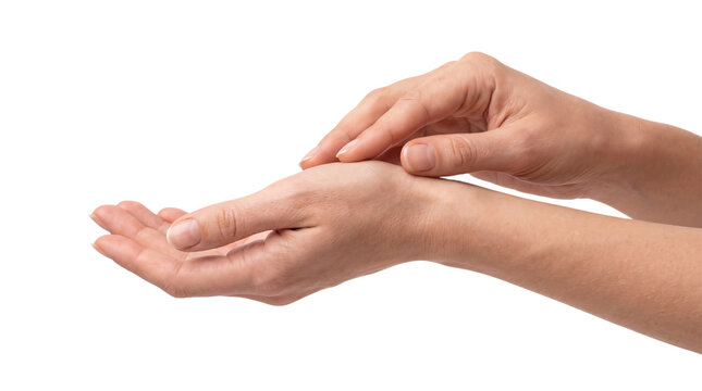 Open female hand receiving touch from another hand png on isolated transparent background