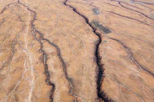 Aerial view of eroded terrain in the Atacama Desert