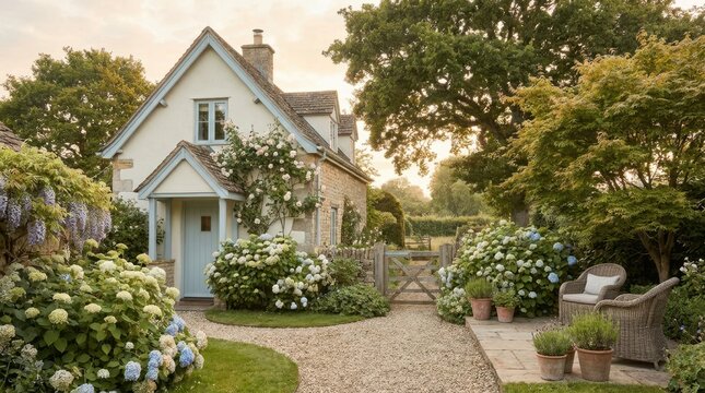 Charming stone cottage with blooming hydrangeas and roses in soft morning light