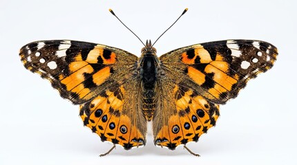Fototapeta premium Detailed close up of a vibrant orange and black patterned butterfly with open wings