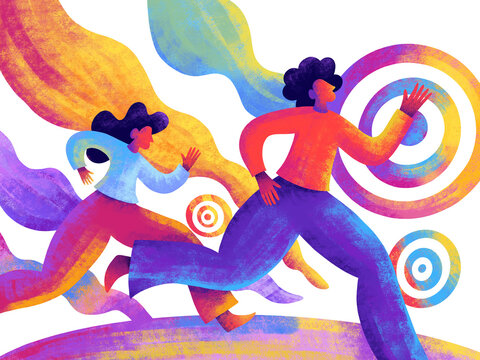 People running towards targets in a colorful illustration