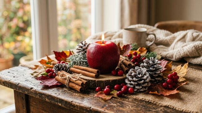 Cozy autumn centerpiece with a lit apple candle, cinnamon sticks, and pinecones