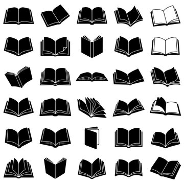 Set of black silhouette open and closed book icons from different angles