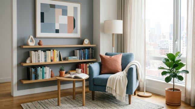 Cozy reading nook with armchair, bookshelves, and city view from window