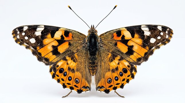 Detailed close up of a vibrant orange and black patterned butterfly with open wings