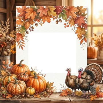 Thanksgiving holiday frame with pumpkins, turkeys, and autumn leaves, rustic wooden table background for seasonal greeting cards and festive dinner invitations