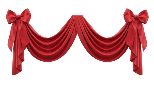 Red fabric draping with bows, swag decoration, png on isolated transparent background