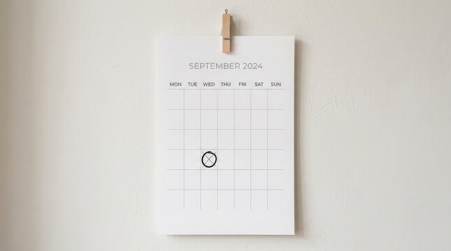 A minimalist white weekly planner hanging on a plain light grey wall for organization and time management