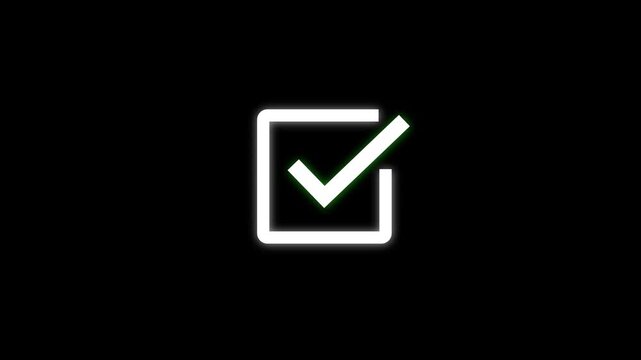 Animation green check mark icon video. White checkmark, approval, done, tick mark, right and correct on a black background