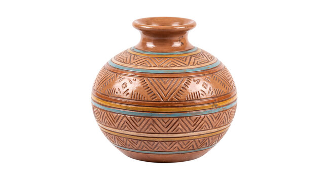 Terracotta pottery vase with geometric patterns png on isolated transparent background