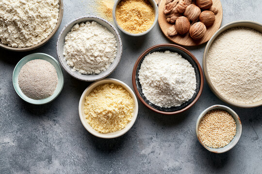 Various types of flour and baking ingredients in bowls on rustic surface with wheat flour