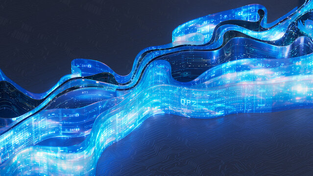 Blue Data Wave Ribbons on Circuit Surface