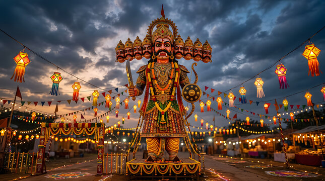 Large Ravana effigy standing in festival ground during Dussehra.