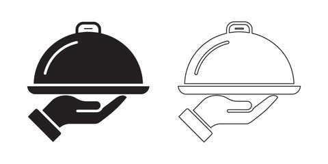 Fototapeta premium Set of waiter hand holding a food serving cloche platter icons in solid and outline design styles
