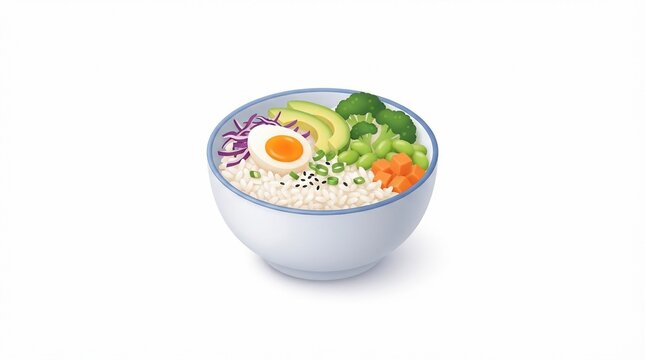 A vibrant and healthy poke bowl illustration featuring rice, sliced avocado, boiled egg, broccoli, edamame, carrots, and cabbage in a white ceramic bowl
