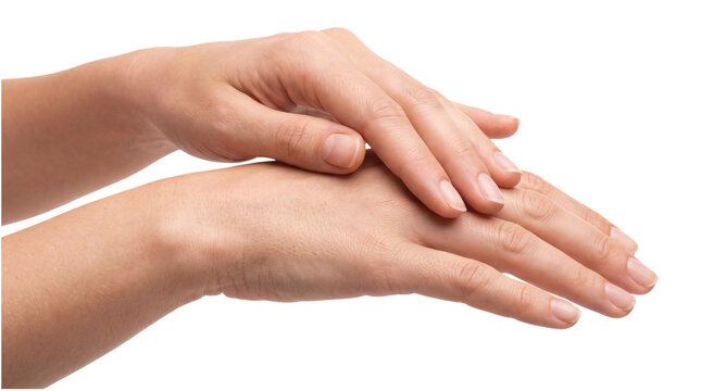 Two female hands gently touching on white png on isolated transparent background