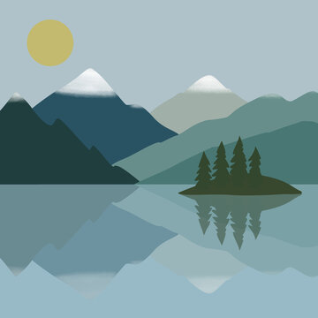 Serene mountain lake landscape with island and reflection