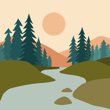 Mountain river landscape with pine forest and sunset