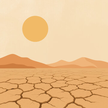 Minimalist desert landscape with dunes, mountains and sunset