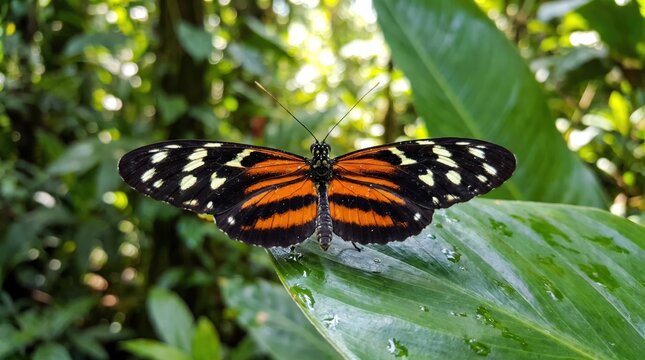 A beautiful orange and black butterfly, specifically a heliconius hecale, resting on a vibrant green leaf in a lush tropical rainforest setting with soft natural lighting