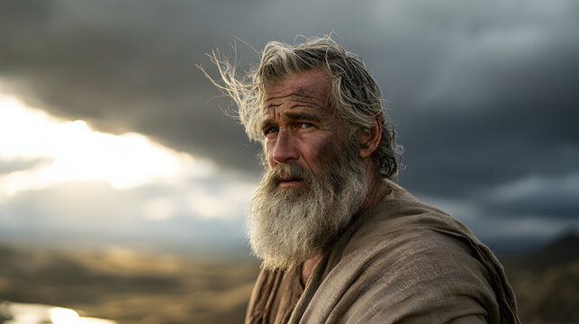 Closeup portrait of a weathered man with a long beard looking away in a dramatic desert setting