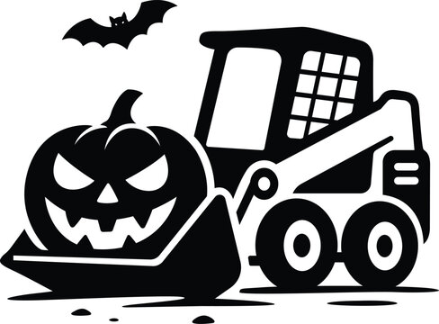 Skid steer loader carrying scary halloween pumpkin in bucket vector illustration