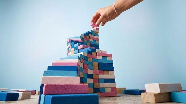 A hand placing a wooden block on a colorful tower structure