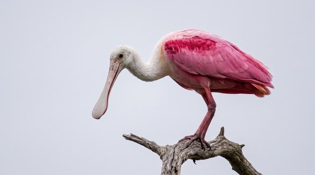 A roseate spoonbill bird perched on a weathered tree branch against a soft, overcast sky, showcasing its vibrant pink plumage and unique, flat, spoonshaped bill in a natural setting