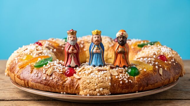 Traditional rosca de reyes cake decorated with candied fruits and sugar, topped with three wise men figurines, celebrating epiphany on a wooden table against a blue background