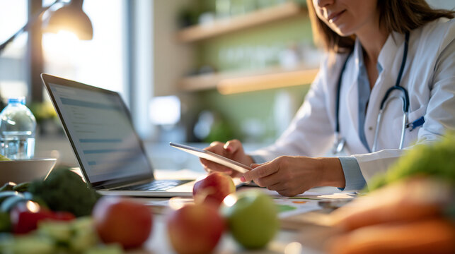 rear view of a woman dietitian in a medical uniform working on a diet plan surrounded by healthy food ingredients in a bright green office, back to camera, nutrition consultation