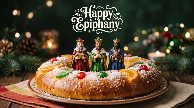 Traditional roscon de reyes cake for epiphany celebration with three wise men figurines, candied fruits, and festive holiday decorations on a rustic wooden table