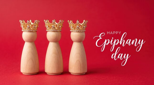 Three wooden peg dolls wearing golden crowns on a solid red background, representing the three wise men for epiphany day celebration