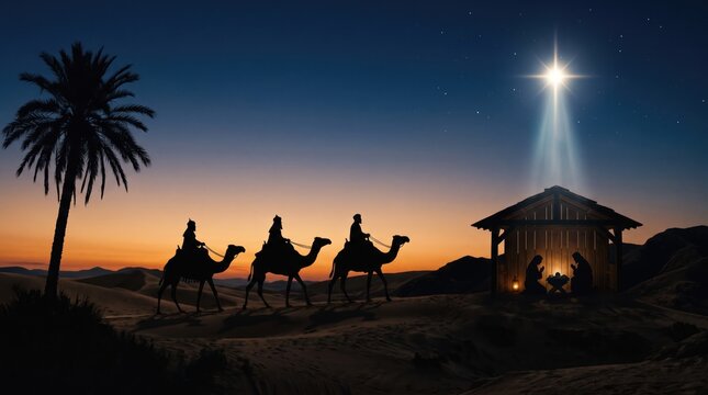 Nativity scene with the three wise men traveling on camels towards the manger under the bright star of bethlehem in a desert landscape at sunset
