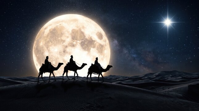 Silhouette of three wise men riding camels across a desert landscape under a giant full moon and a bright guiding star in the night sky